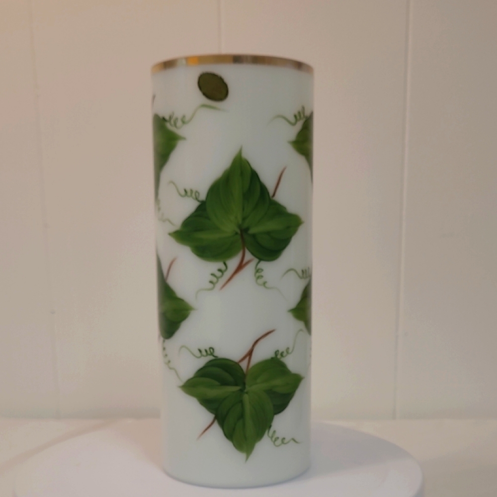 Consolidated MCM Milk Glass Vase with Hand Painted Ivy Leaf Pattern 10" tall
